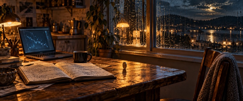 Companion concept art: a lamplit kitchen with an open ledger.